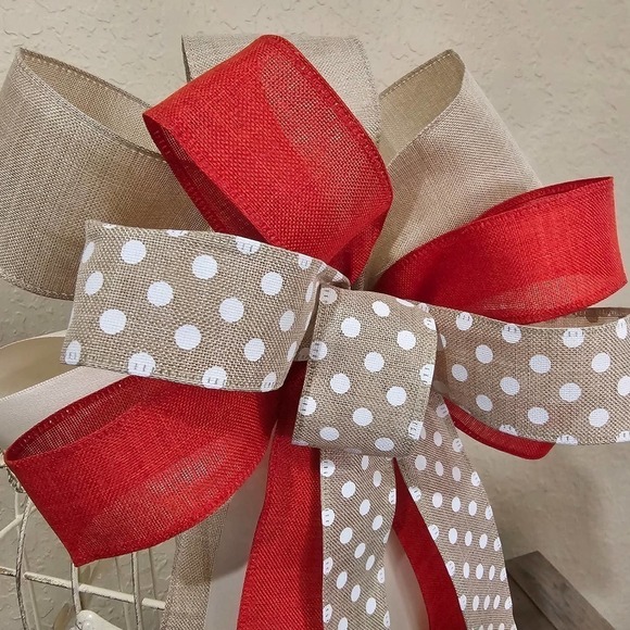 Christmas Bow, Handmade Holiday Bow, Tree Topper, Wreath Accent, Polka Dot Bow - Picture 8 of 9